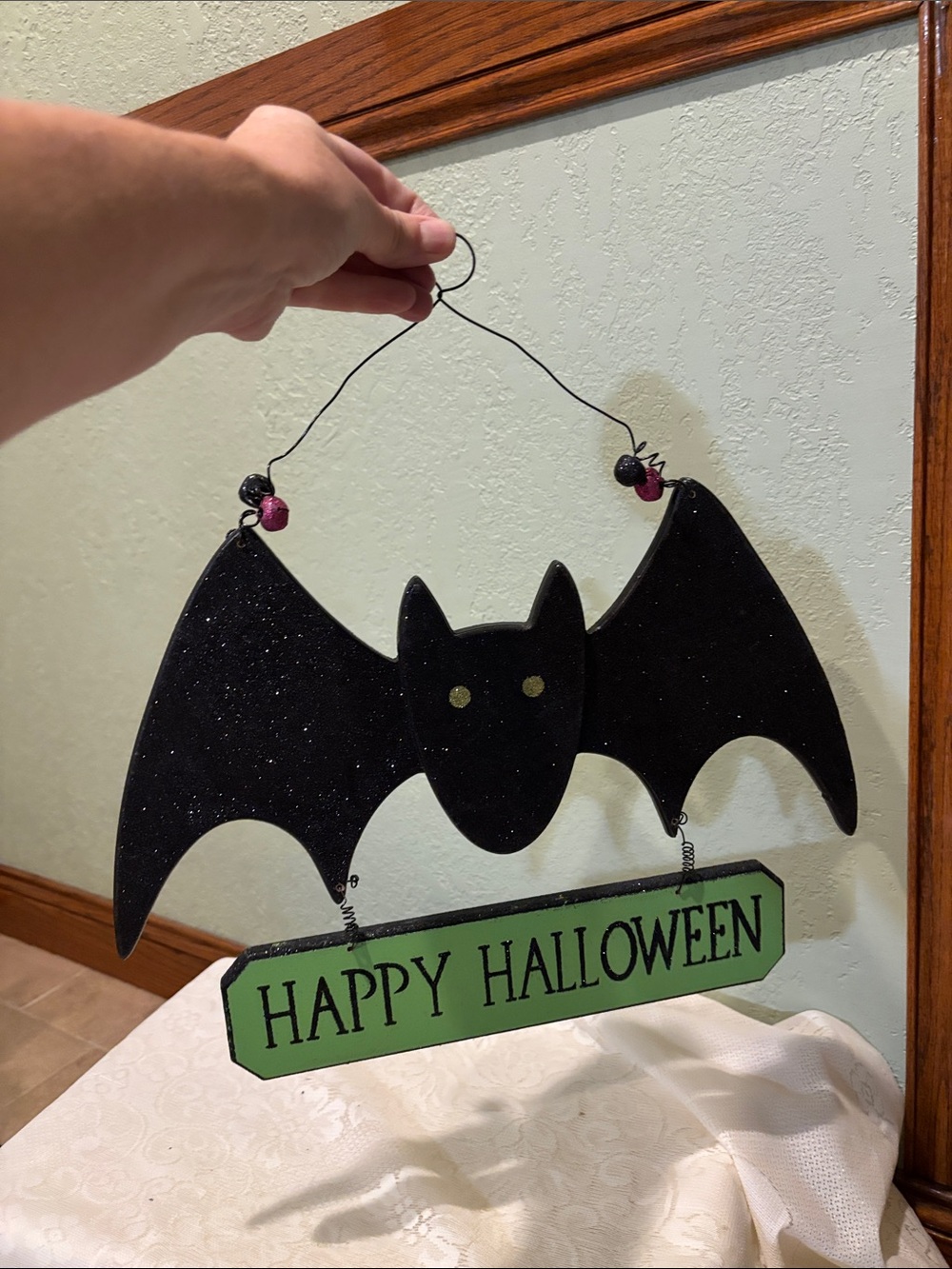 Halloween Bat Wall Hanging - Black and Green Happy Halloween 14 x 14 Sign